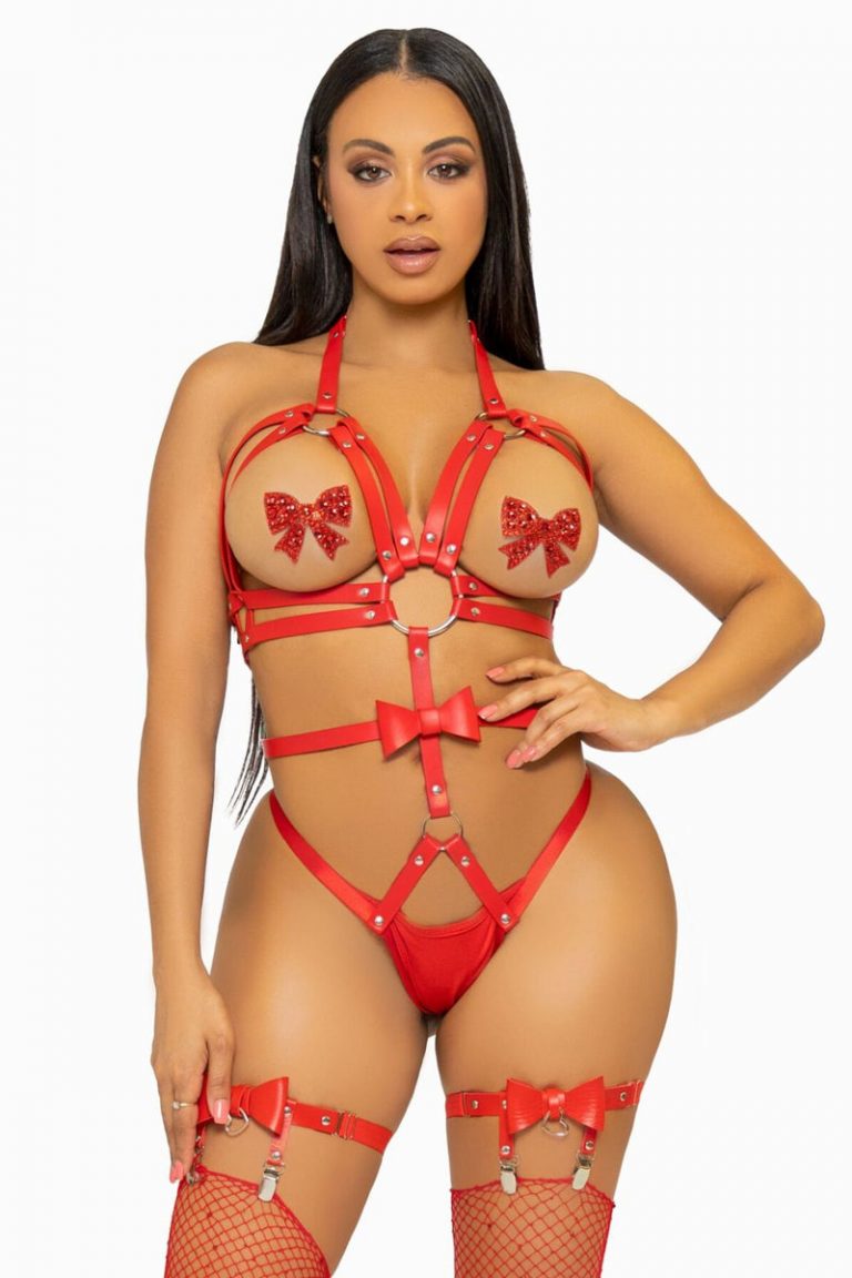 Боді-портупея з бантом Studded O-ring red