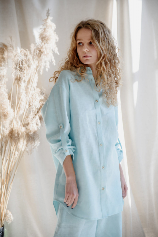 Лляна сорочка на ґудзиках 052 Aqua