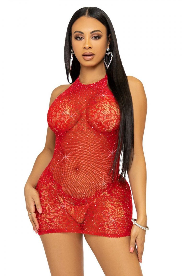 Сукня-сітка зі стразами Rhinestone Halter red
